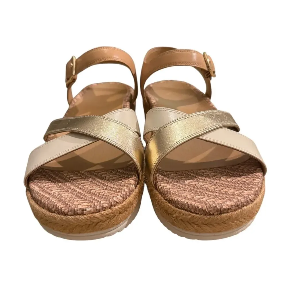 VIONIC Mar Wedge Sandal Camel Gold & Brown Leather NEW Women’s 8.5 Strappy Beach